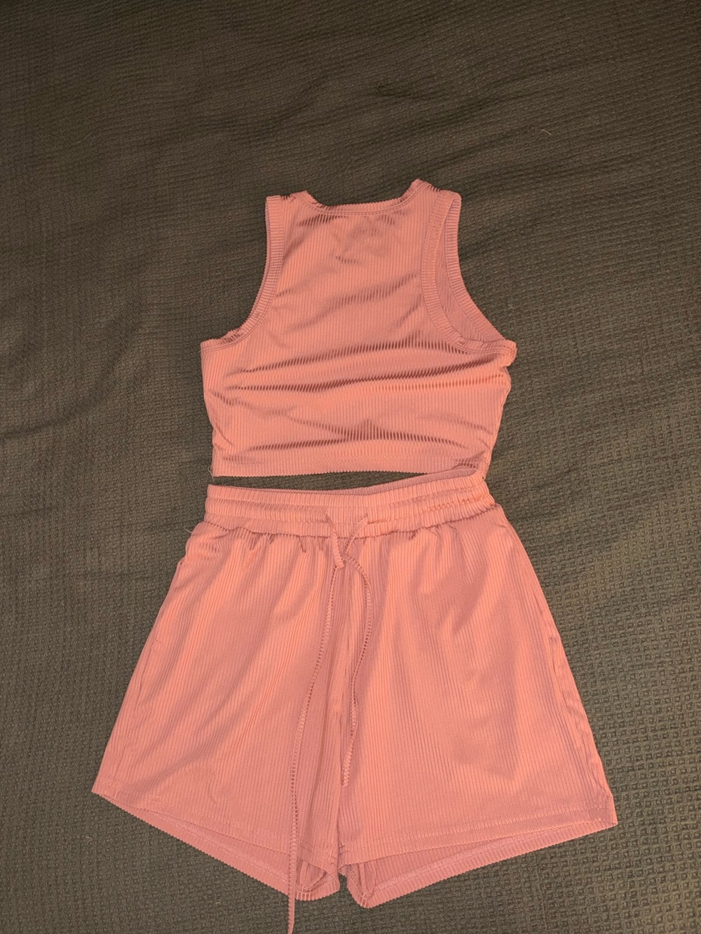 Pink Ribbed Tank and Drawstring Shorts Set